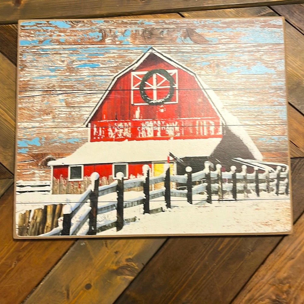 Super cute snow covered vintage red barn sign 14x11”